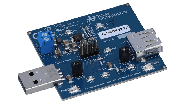TPS2549Q1EVM-729 TPS2549Q1EVM オートモーティブ USB 充電ポート・コントローラおよび電源スイッチ評価モジュール angled board image