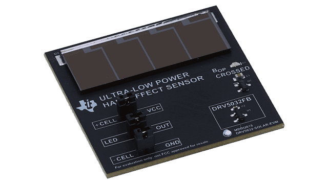 DRV5032-SOLAR-EVM DRV5032 Ultra-Low Power, 1.65V to 5.5V Hall Effect Switch Sensor Evaluation Module angled board image