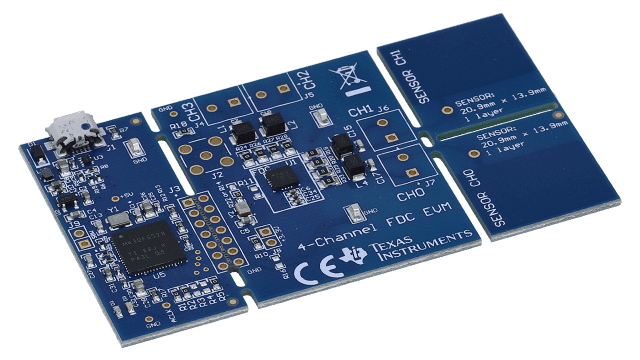 FDC2214EVM FDC2214 with Two Capacitive Sensors Evaluation Module angled board image