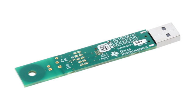 LDC1000EVM LDC1000EVM - 샘플 PCB 코일을 사용한 인덕턴스-디지털 컨버터 평가 모듈 angled board image