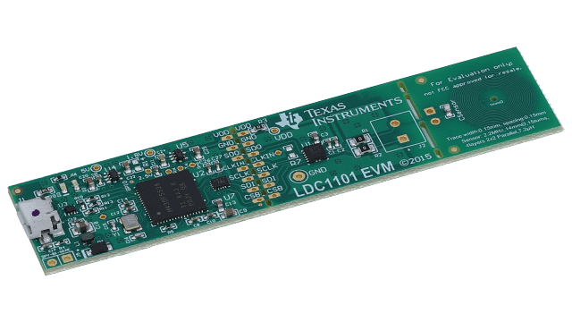 LDC1101EVM LDC1101 1.8V、高分解能インダクタンス - デジタル・コンバータ評価モジュール angled board image