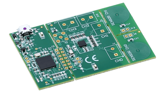 LDC1314EVM LDC1314 Evaluation Module for Inductance to Digital Converter with Sample PCB Coils angled board image