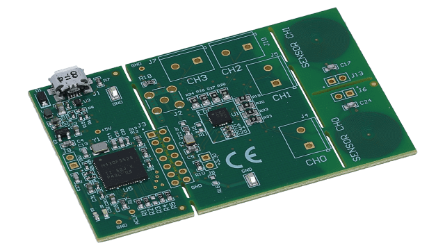 LDC1614EVM 適用於電感轉數位轉換器且具有樣本 PCB 線圈的 LDC1614 評估模組 angled board image