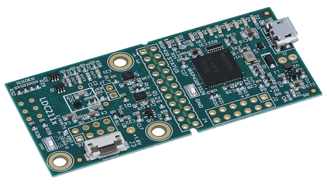 LDC2114EVM LDC2114 1.8V 4-Channel Inductive Touch Evaluation Module angled board image