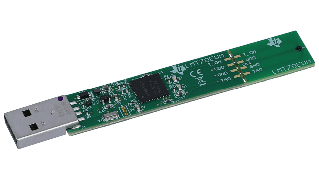 LMT70EVM 具有輸出啟用功能的 LMT70 精密類比輸出溫度感測器評估模組 angled board image
