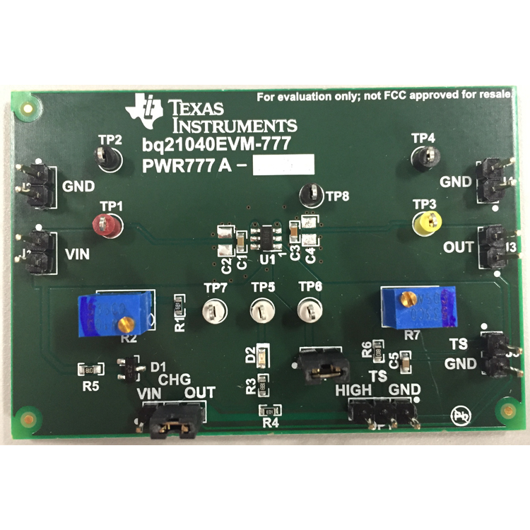 BQ21040EVM-777 BQ21040 0.8-A Single-Input Single-Cell Li-Ion Battery Charger Evaluation Module top board image