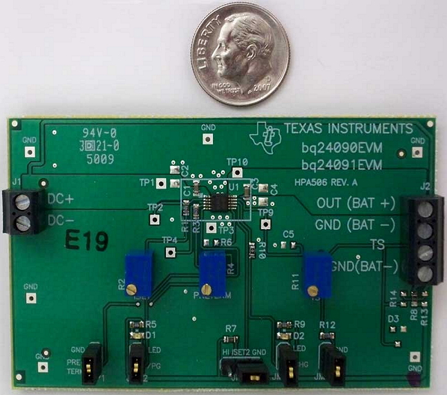 BQ24090EVM BQ24090 Single Input, Single Cell Li-Ion and Li-Pol Linear Battery Charger Evaluation Module Board top board image