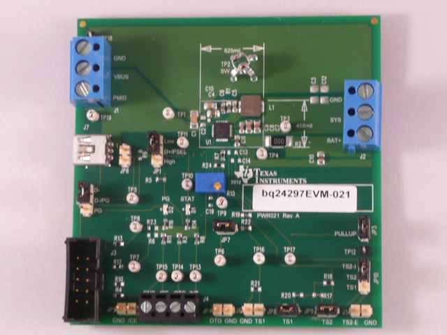 BQ24297EVM-021 조정 가능한 전압 USB OTG를 지원하는 I2C로 제어되는 3A 단일 셀 USB NVDC-1 충전기 평가 모듈 top board image