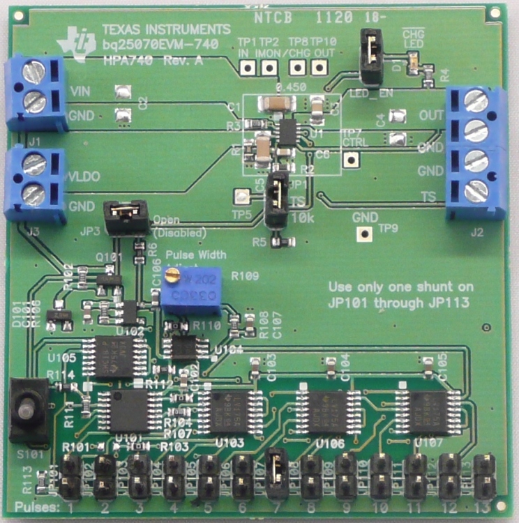 BQ25070EVM-740 Evaluation Module for BQ25070 1A, Single cell, Linear Charger for LiFePO4 Applications top board image