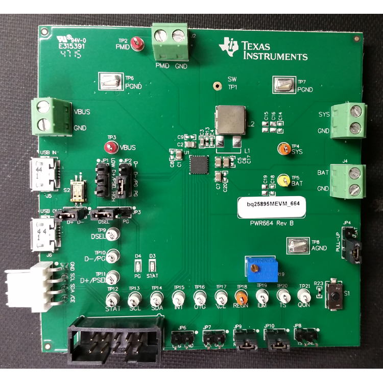 BQ25895MEVM-664 bq25895M Complete Charger Evaluation Module top board image