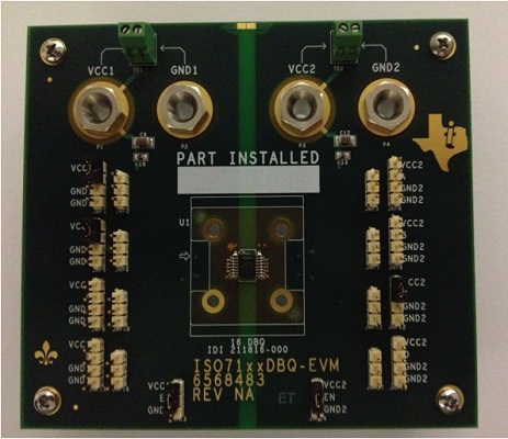 ISO71XXDBQ-EVM Módulo de evaluación para aisladores digitales ISO71xx 4242-VPK de tamaño pequeño y baja potencia en encapsulado DBQ top board image