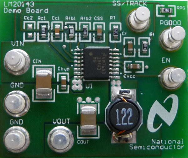 LM20143EVAL 3A, PowerWise&reg;: 조정 가능 주파수 동기 레귤레이터 평가 모듈 top board image