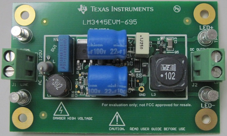 LM3445EVM-695 LM3445 120Vac Valley Fill Buck Triac Dimmable LED Driver Evaluation Module top board image