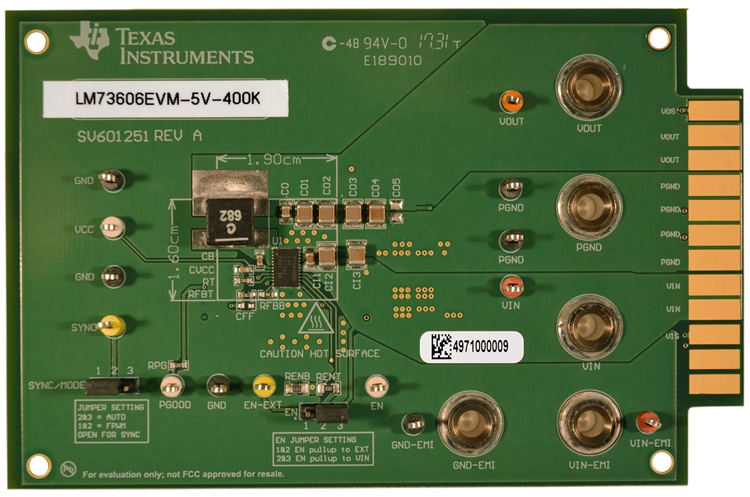LM73606EVM-5V-400K LM73606 Synchronous Step-Down Converter Evaluation Module top board image