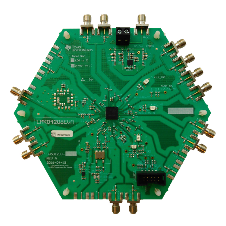 LMK04208EVM Two Input, 6+1 Output, Clock Jitter Cleaner With Dual Cascaded PLLs and Integrated 2.9 GHz VCO top board image
