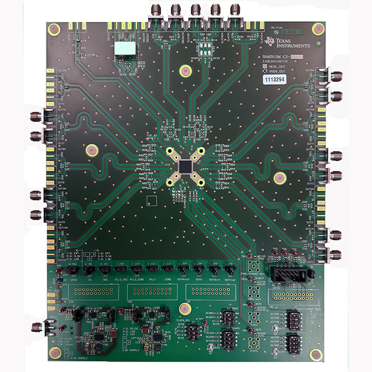 LMK04610EVM LMK04610 デュアル PLL 搭載、超低ノイズ / 低電力 JESD204B 準拠クロック・ジッタ・クリーナの EVM top board image