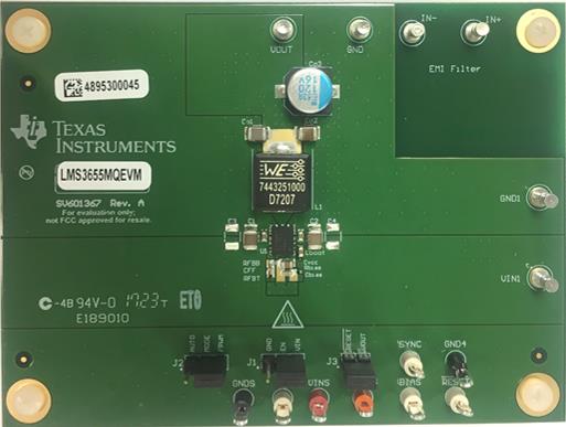 LMS3635MQEVM LMS3635-Q1 3.5A, 5V Synchronous, 400kHz Step-Down Converter Evaluation Module top board image