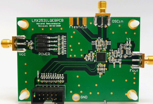 LMX25312820EVAL/NOPB Sistema sintetizador de frecuencia de alto rendimiento con VCO integrado (1355 - 1462 MHz, 2710 - 2925 MHz) top board image