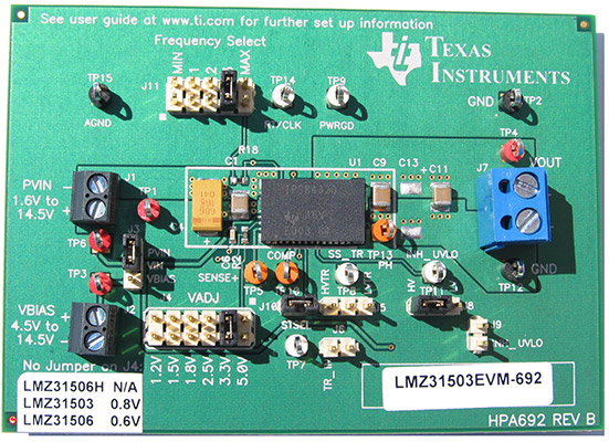 LMZ31503EVM-692 Placa de evaluación del módulo de alimentación reductor LMZ31503 de 4,5 V a 14,5 V, 3 A top board image