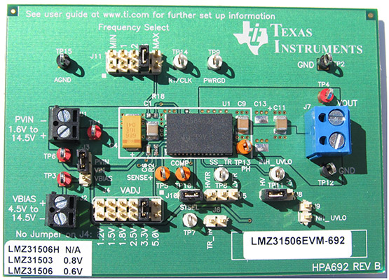 LMZ31506EVM-692 LMZ31506 4.5V to 14.5V, 6A Step-Down Power Module Evaluation Board top board image