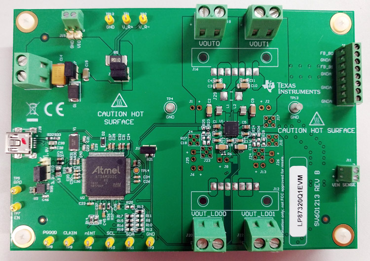 LP87320Q1EVM LP873200-Q1 I²C Configurable Dual High-Current Buck Converters and Dual Linear Regulator EVM top board image