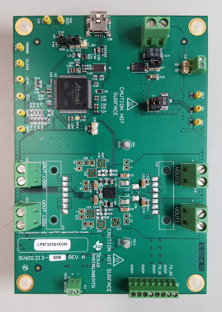 LP87323Q1EVM LP873222-Q1 Dual High-Current Buck Converters and Dual Linear Regulator Evaluation Module top board image