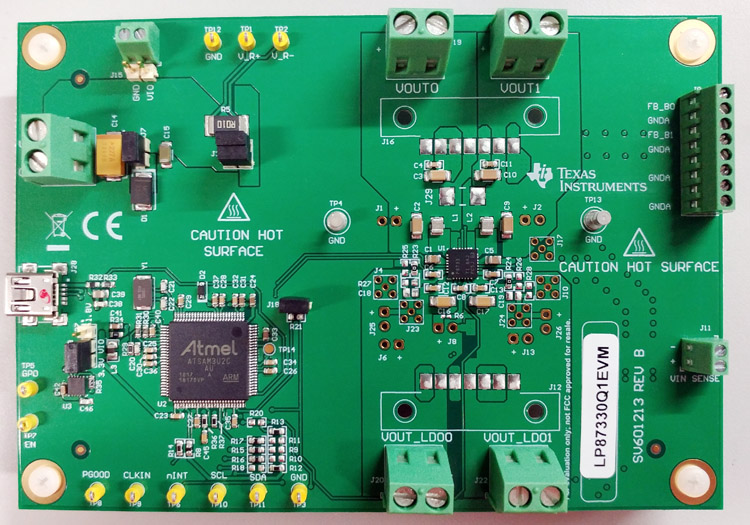 LP87330Q1EVM LP873300-Q1 I²C Configurable Dual High-Current Buck Converters and Dual Linear Regulator EVM top board image