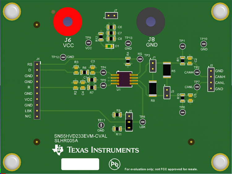 SN55HVD233EVM-CVAL SN55HVD233-SP 放射線耐性保証（RHA）の評価モジュール top board image