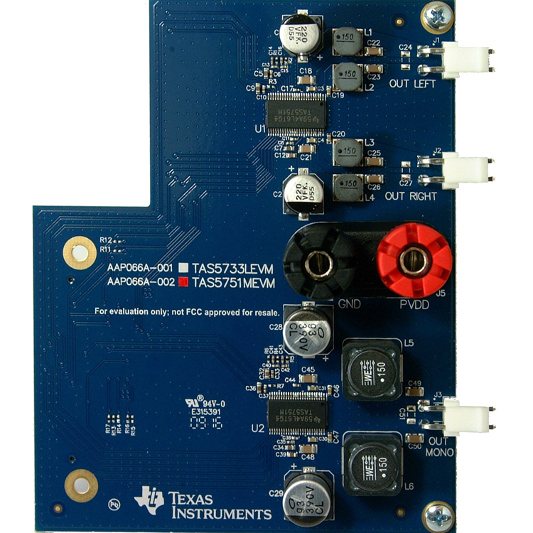 TAS5751MEVM TAS5751M デジタル入力、オープン・ループ、Class-D オーディオ・アンプの評価モジュール top board image