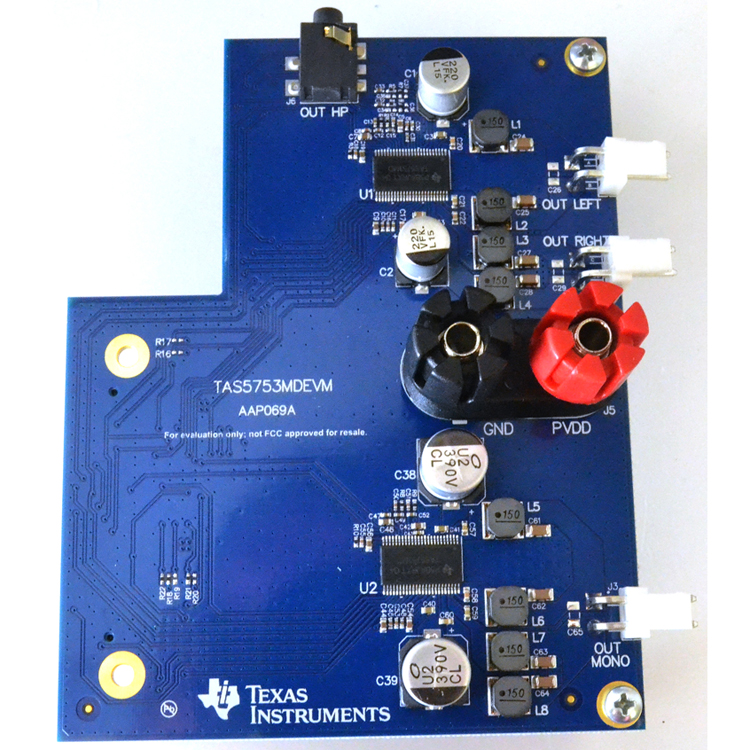 TAS5753MDEVM TAS5753MD I2S Input, Open-Loop Audio Amplifier w/Integrated Headphone/Line Driver Evaluation Module top board image