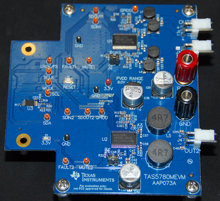 TAS5780MEVM TAS5780M 96kHz 処理機能付き、デジタル入力閉ループ Class-D オーディオ・アンプの評価モジュール top board image