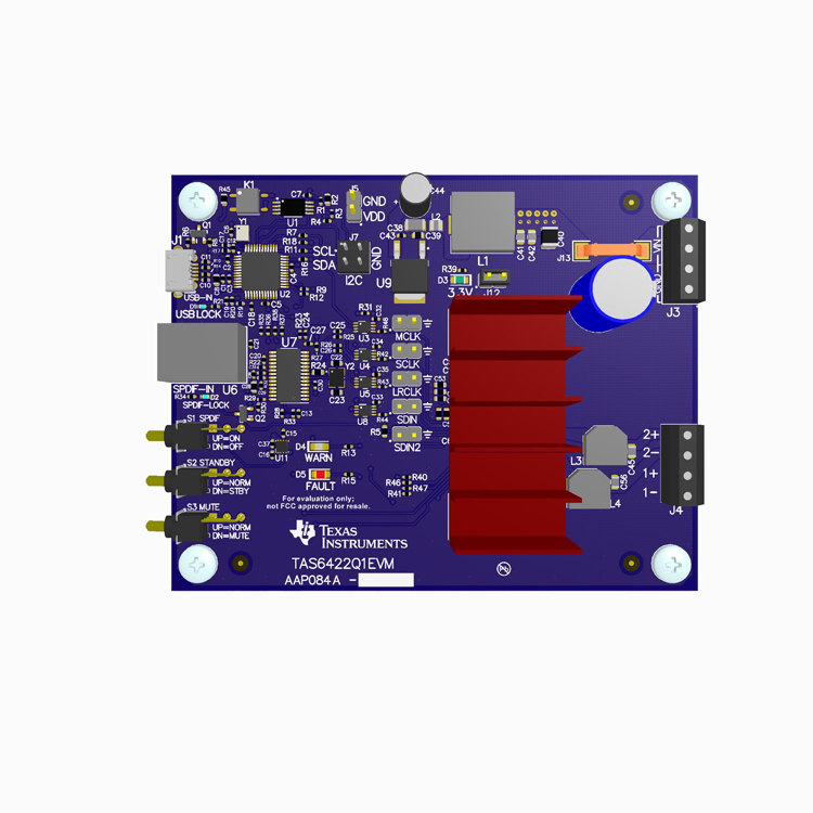TAS6422Q1EVM TAS6422Q1 I2C 診断機能搭載、2.1MHz 2 チャネル、デジタル入力 Class-D オーディオ・アンプの評価モジュール top board image