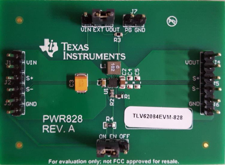 TLV62084EVM-828 Evaluation Module for TLV62084, a 6-V Input, 2-A Output, Step-Down Converter top board image