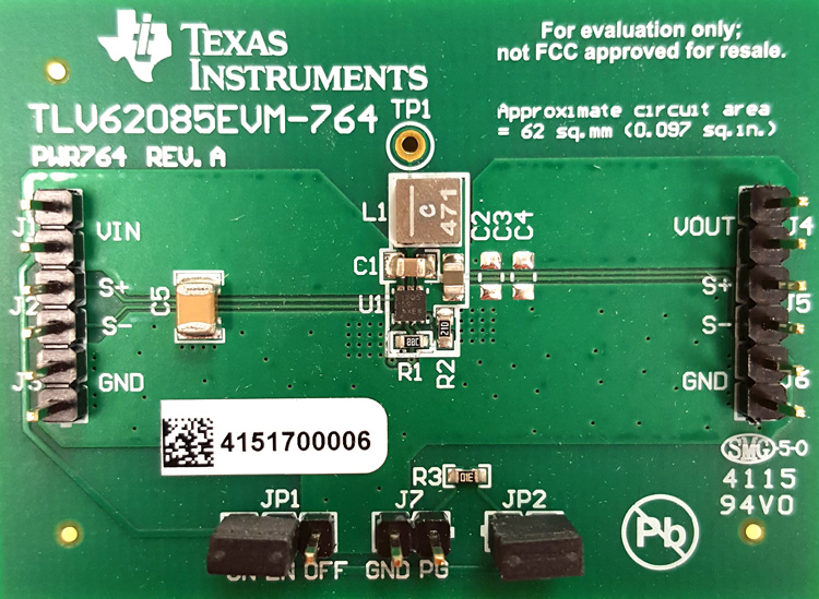 TLV62085EVM-764 EVM for 3-A Step-Down Converter in 2x2 mm Package top board image