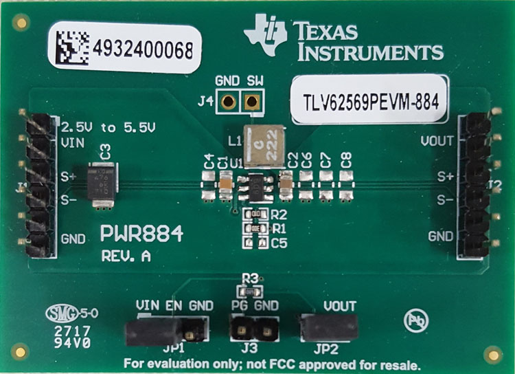 TLV62569PEVM-884 TLV62569PDDC 5.5V Input, 2A Output, High Efficiency Step-Down Converter Evaluation Module top board image