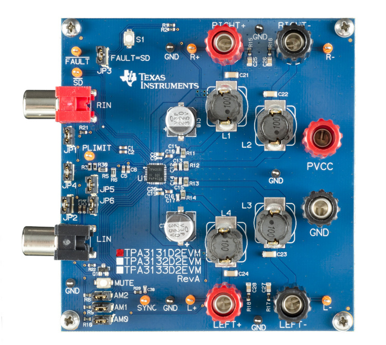 TPA3131D2EVM 用于 7W、D 类扬声器放大器的 TPA3131D2EVM top board image