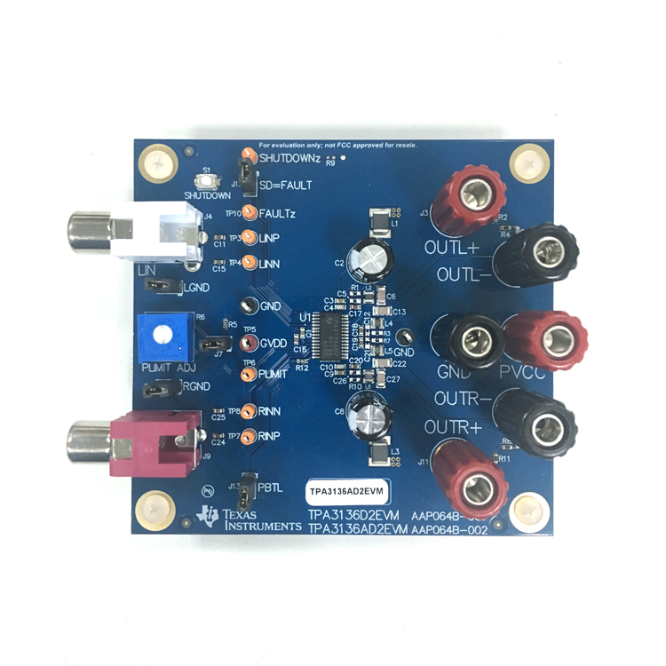 TPA3136AD2EVM TPA3136AD2 Inductor Free 10W Stereo (BTL) Class-D Audio Amplifier Evaluation Module top board image