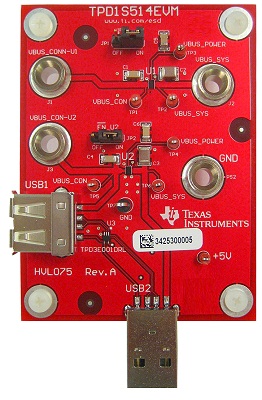 TPD1S514-1EVM TPD1S514 – Schutz gegen Überspannungsspitzen und ESD für 1EVM USB-Ladegeräte – Evaluierungsmodul top board image