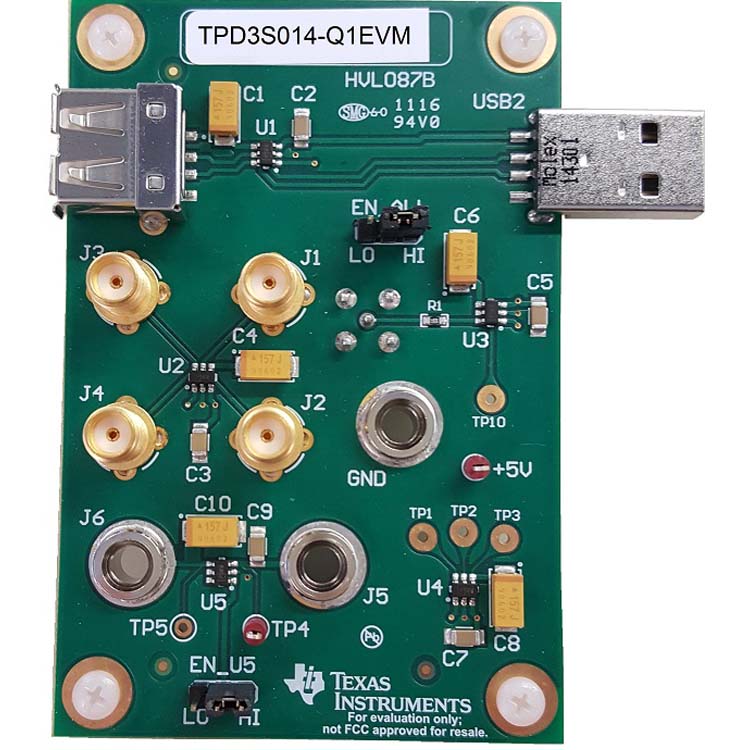 TPD3S014-Q1EVM 適用於車用 USB 的 TPD3S014-Q1 限流開關和 D+/D- ESD 保護評估模組 top board image