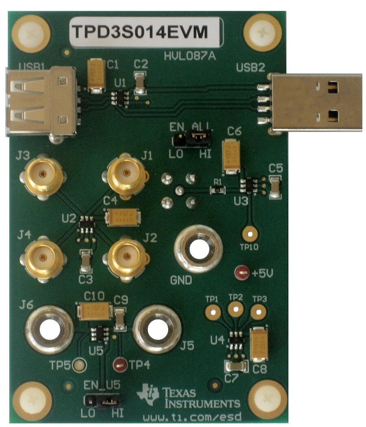 TPD3S014EVM TPD3S014 Integrierten USB-Schutz mit VBUS-Strombegrenzung – Evaluierunsmodul top board image