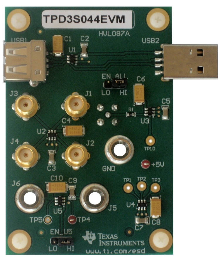 TPD3S044EVM TPD3S044 Integrated USB Protection with VBUS Current Limit Evaluation Module top board image