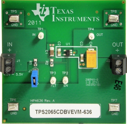 TPS2065CDBVEVM-636 Evaluation Module for TPS2065C Single Channel, Current-Limited USB Power Distribution Switch top board image