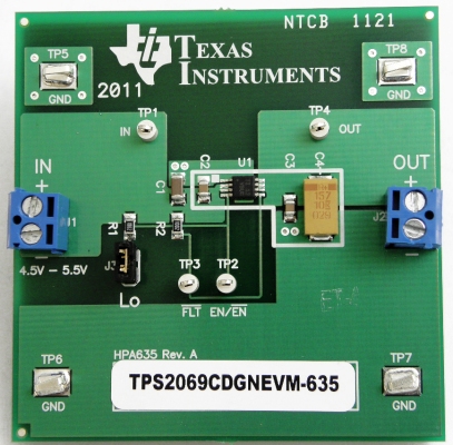 TPS2069CDGNEVM-635 Evaluation Module for TPS2069C Single Channel, Current-Limited USB Power Distribution Switch top board image
