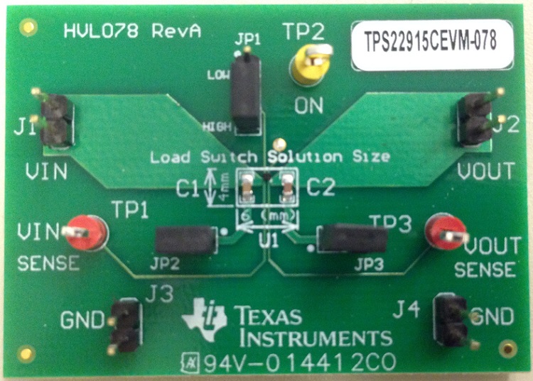TPS22915CEVM-078 TPS22915C 초저 Ron을 지원하는 단일 채널 부하 스위치 평가 모듈 top board image