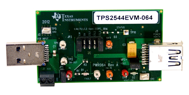 TPS2544EVM-064 TPS2544 USB 충전 포트 컨트롤러 및 전원 스위치 평가 모듈 top board image