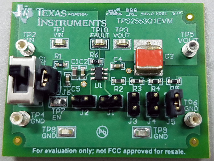 TPS2553Q1EVM TPS2553-Q1 Precision Current-Limited Power-Distribution Switch Evaluation Module top board image