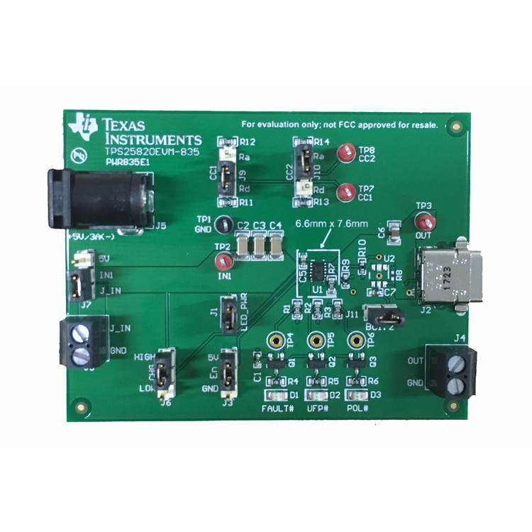 TPS25820EVM-835 TPS25820 USB Type-C,1.5A Source Controller and Power Switch EVM with USB Dedicated Port Controller top board image