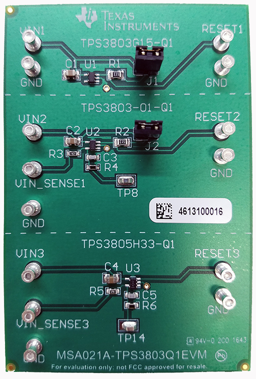 TPS3803Q1EVM Evaluation module for the TPS3803x-Q1 voltage detectors top board image