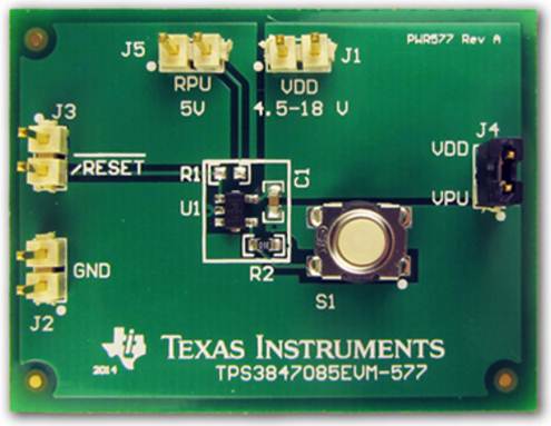 TPS3847085EVM-577 TPS3847 380nA voltage monitor for 12V rails evaluation module top board image