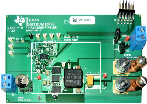 TPS40400EVM-351 評価基板、TPS40400 用、PMBus、同期整流・降圧コントローラ top board image